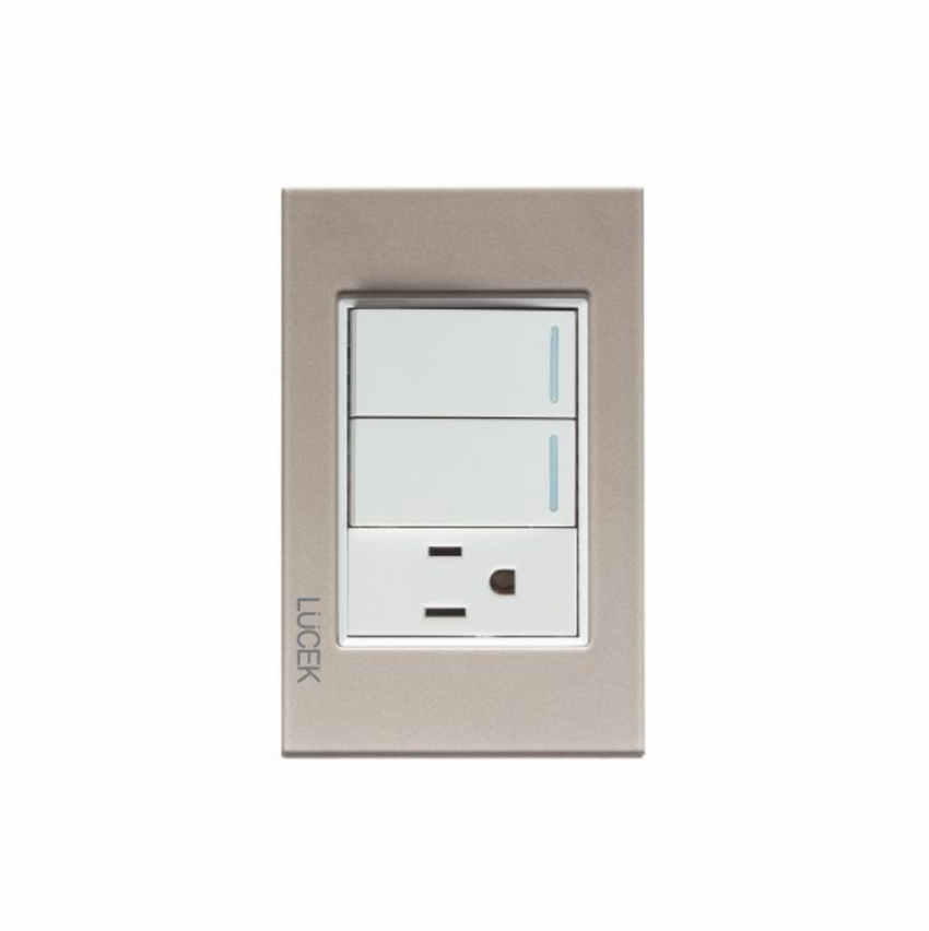 Placa Cristal Dorada Con 2 Interruptores Sencillos y 1 contacto BP19CDM-LUCEK